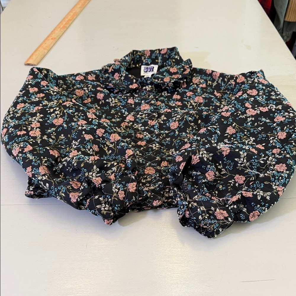 Anna Sui Floral Metallic Cropped Bomber Jacket Small Hooded Puff Sleeve Black - Picture 2 of 12